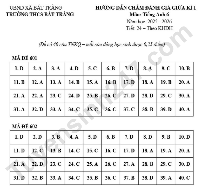 De giua ki 1 lop 6 mon Anh 2026 - THCS Bat Trang (Co dap an)