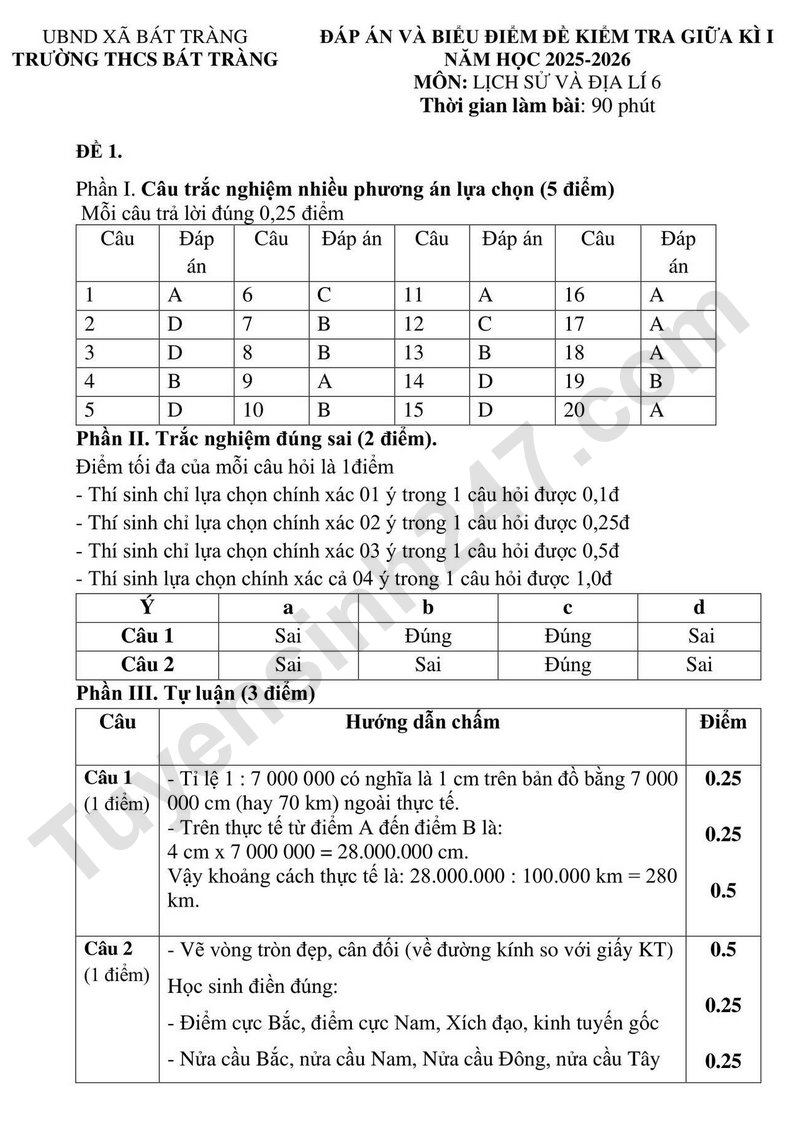 De thi giua ki 1 mon Su va Dia lop 6 2026 - THCS Bat Trang (Co dap an)