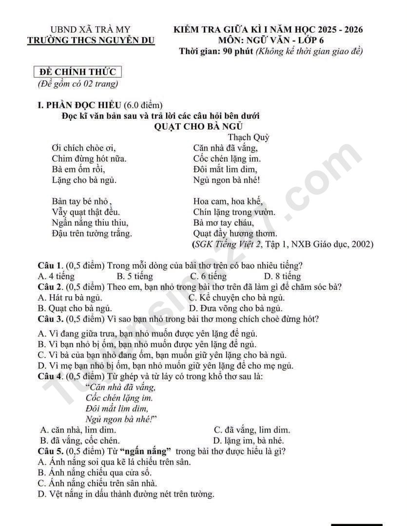De kiem tra giua ki mon Van 6 - Truong THCS Nguyen Du (Co dap an)