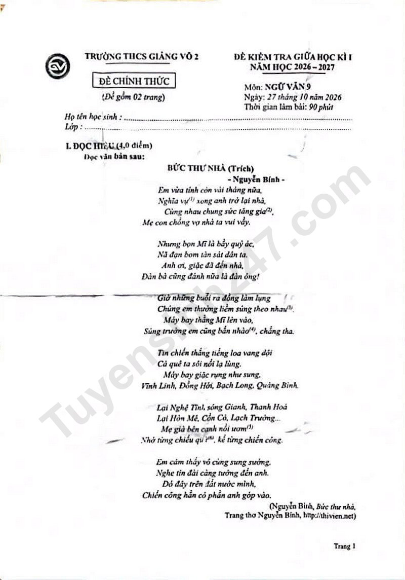 De giua ki 1 mon Van lop 9 nam 2026 - Truong THCS Giang Vo 2