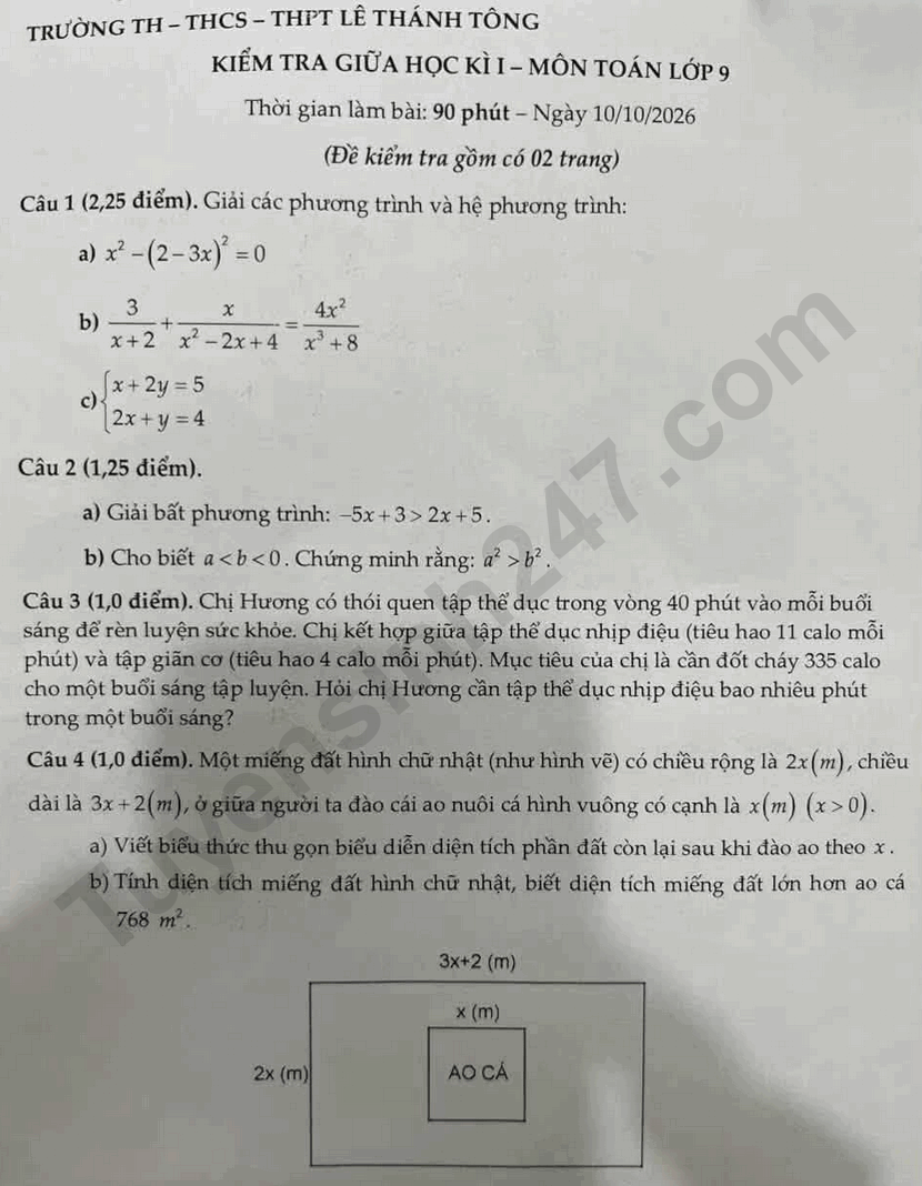 De kiem tra giua ki 1 lop 9 mon Toan - THCS Le Thanh Tong 2026