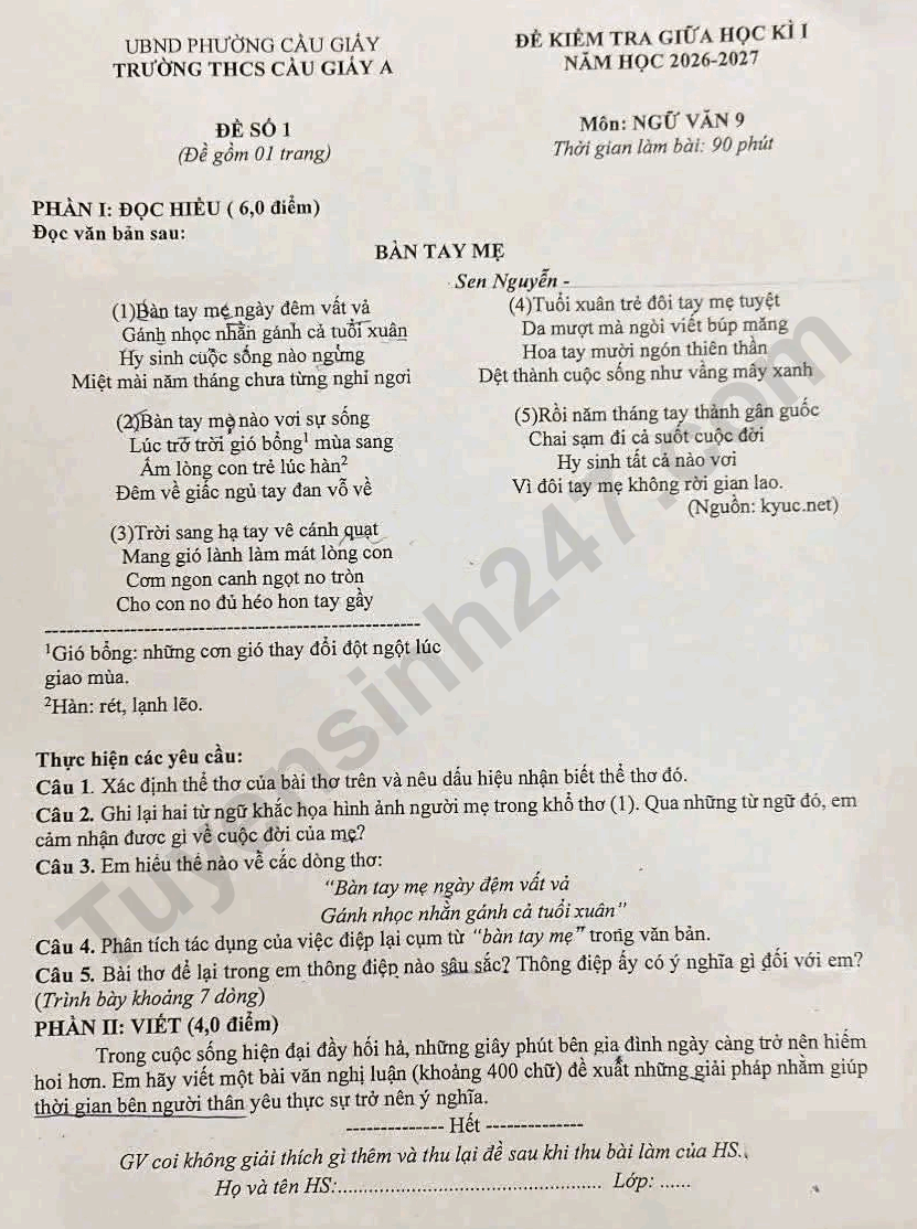 De thi giua ki 1 lop 9 mon Van 2026 - THCS Cau Giay A