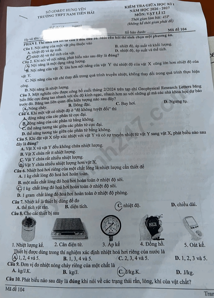 De thi giua ki 1 lop 12 mon Ly 2026 - THPT Nam Tien Hai