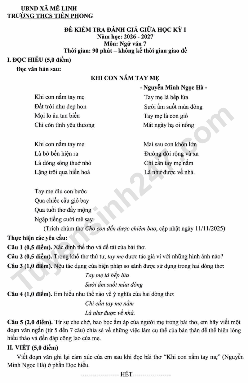 De thi giua hoc ki 1 mon Van lop 7 nam 2026 - THCS Tien Phong