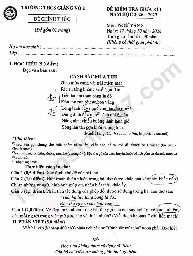 De thi giua ki 1 lop 8 mon Van 2026 - THCS Giang Vo 2